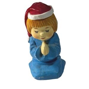 Vintage Praying Angel Figurine Blue Robe‎ Santa Hat Christmas Decor